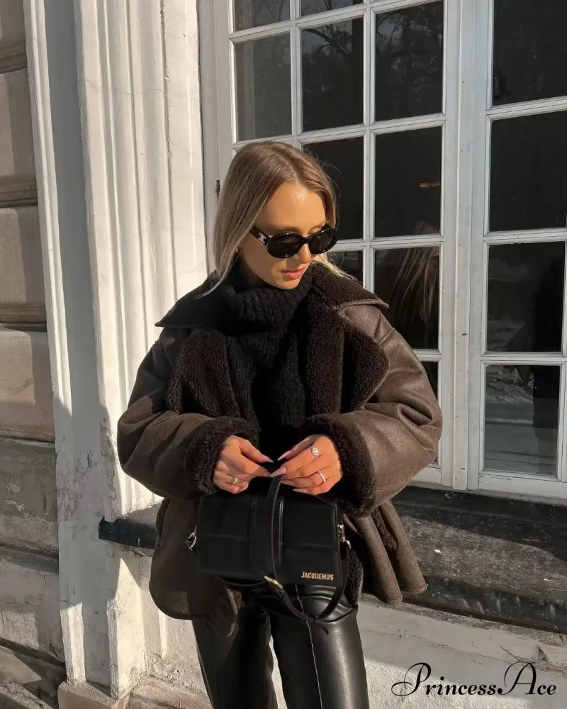Brown Faux Leather Charming Black Lining Fur Jacket image 9