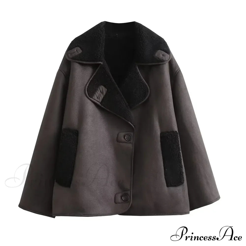 Brown Faux Leather Charming Black Lining Fur Jacket image 4