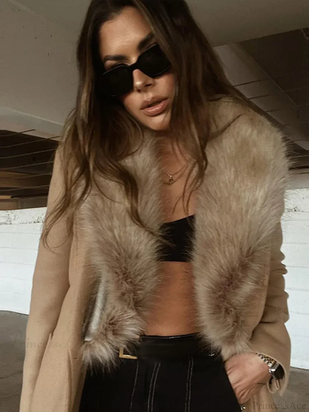 Brown Fluffy Faux Fur Casual Overcoat image 3