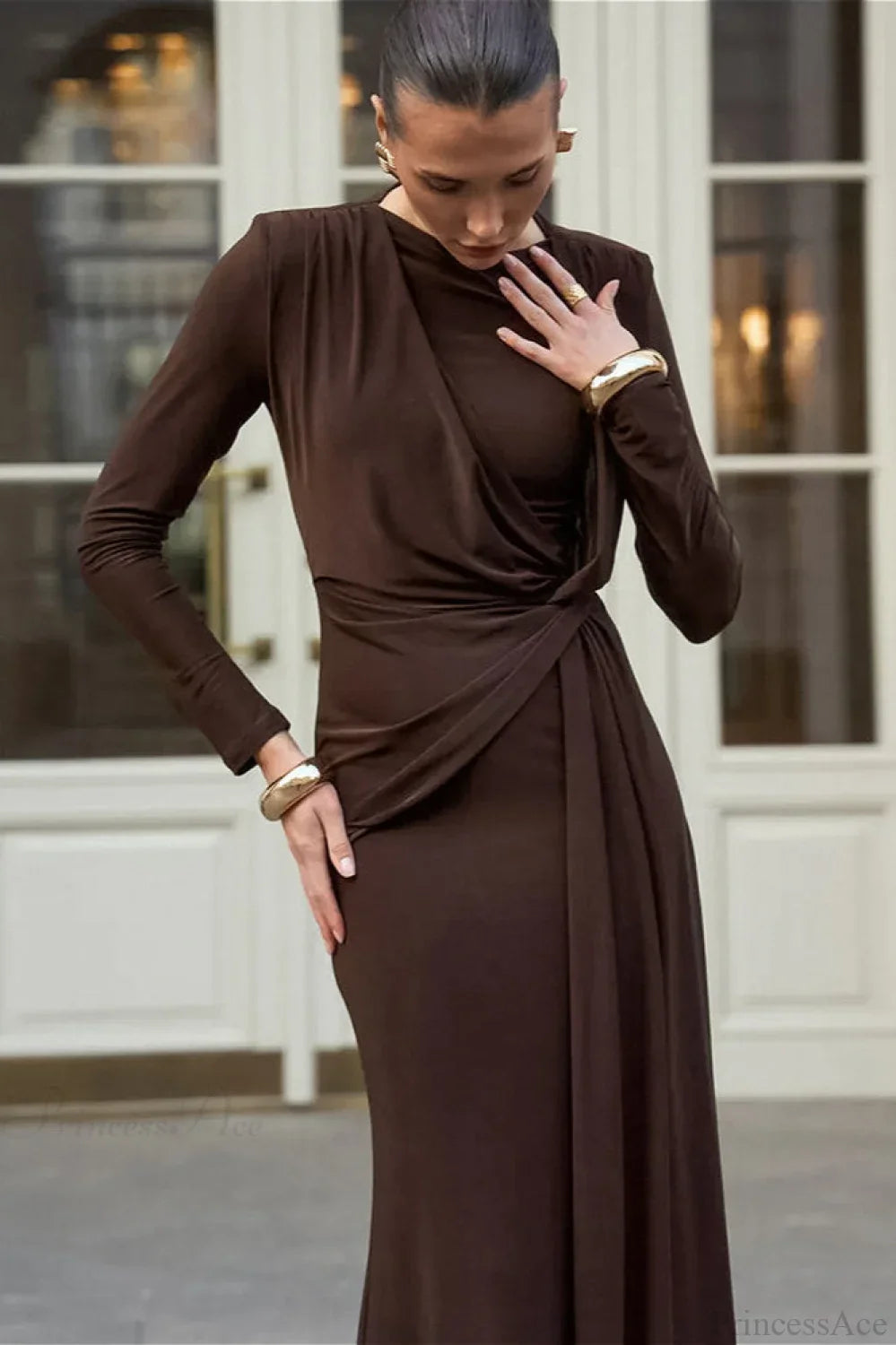 Brown Knit Round Neck Bodycon Maxi Dress image 3