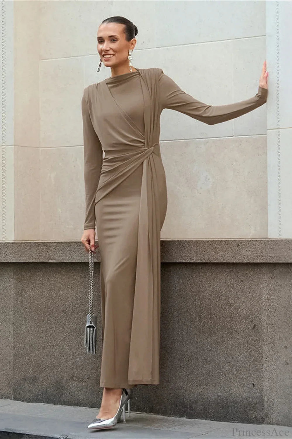 Brown Knit Round Neck Bodycon Maxi Dress image 4