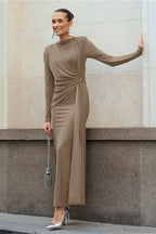 Brown Knit Round Neck Bodycon Maxi Dress image 4