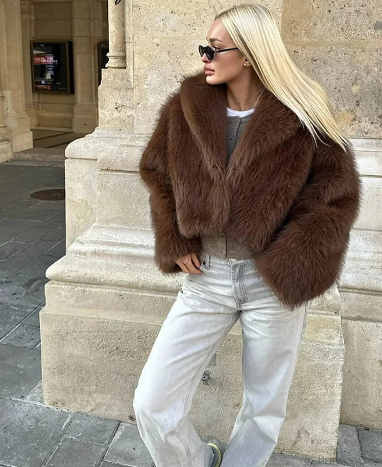 Brown Lapel Fluffy Coat image 1