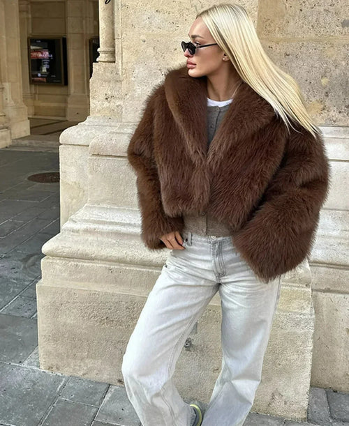 Brown Lapel Fluffy Coat image 1