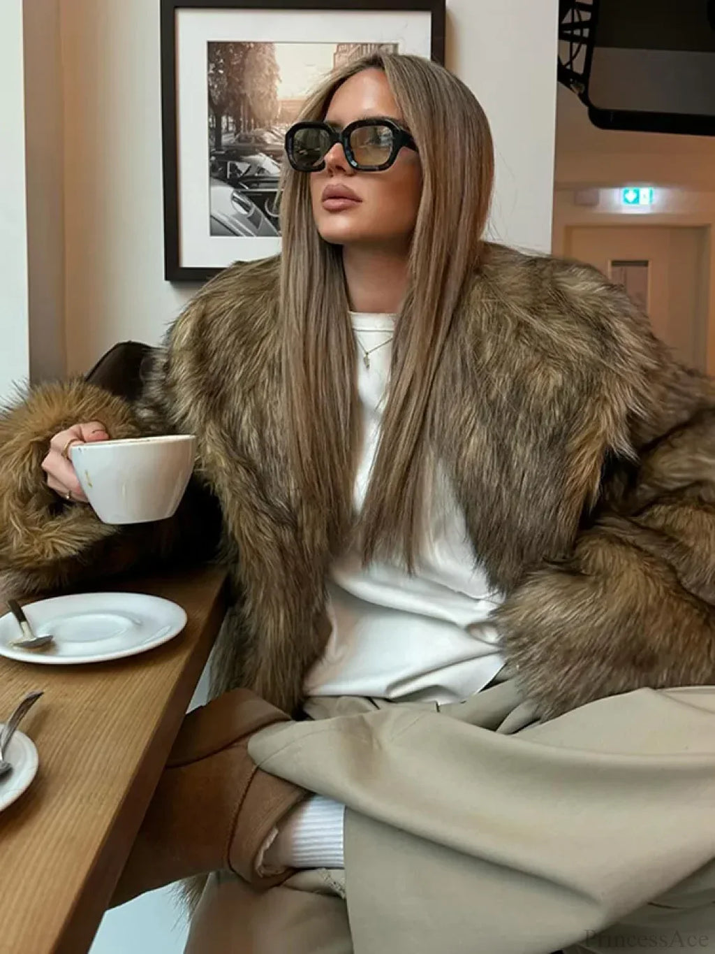 Brown Oversized Plush Furry Lapel Coat image 3