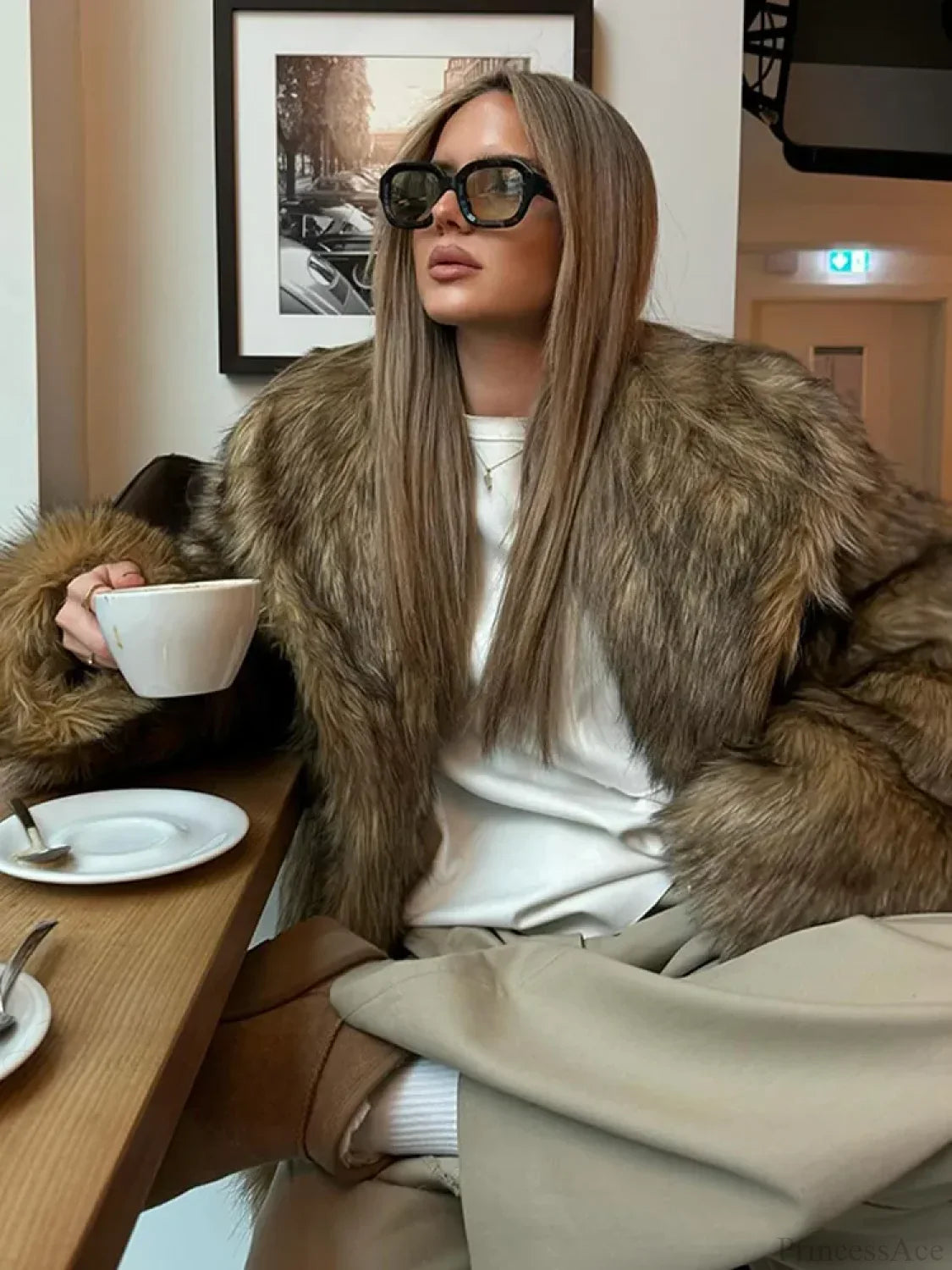 Brown Oversized Plush Furry Lapel Coat image 3