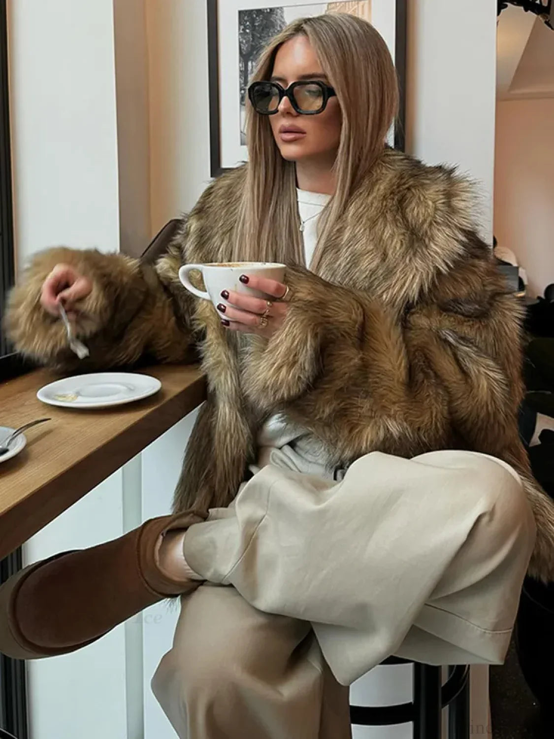 Brown Oversized Plush Furry Lapel Coat image 2