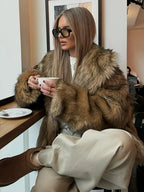 Brown Oversized Plush Furry Lapel Coat image 6