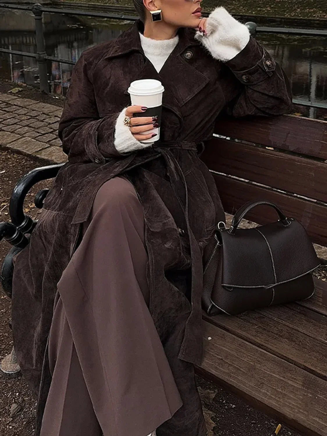 Brown Suede Leather Long Coat image 7