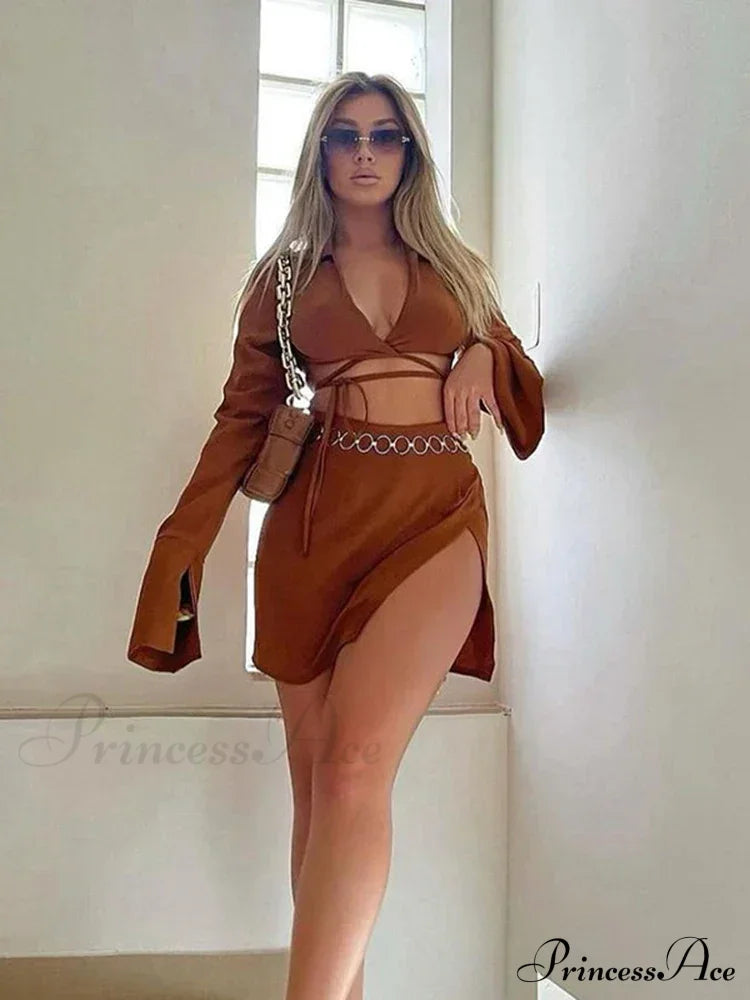 Brown Tie Front Top Skirt Sets Mini Dress image 6