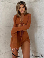 Brown Tie Front Top Skirt Sets Mini Dress image 3