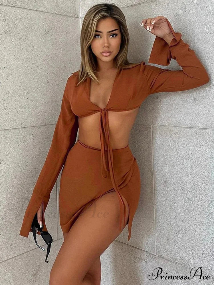 Brown Tie Front Top Skirt Sets Mini Dress image 2