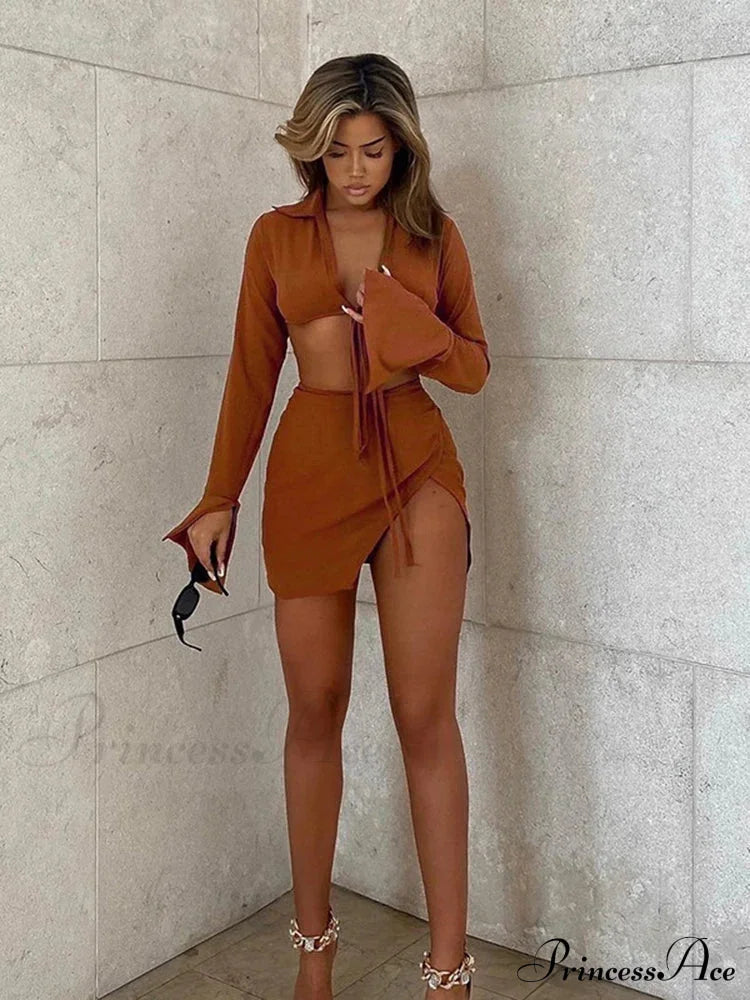 Brown Tie Front Top Skirt Sets Mini Dress image 4