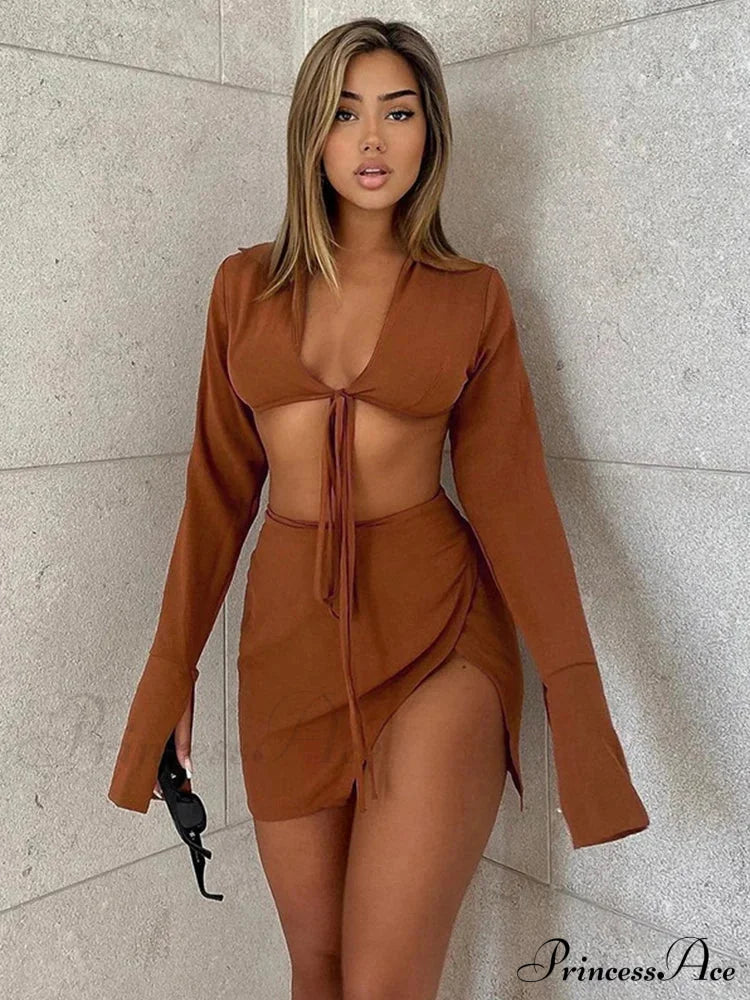Brown Tie Front Top Skirt Sets Mini Dress image 1