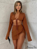 Brown Tie Front Top Skirt Sets Mini Dress image 1