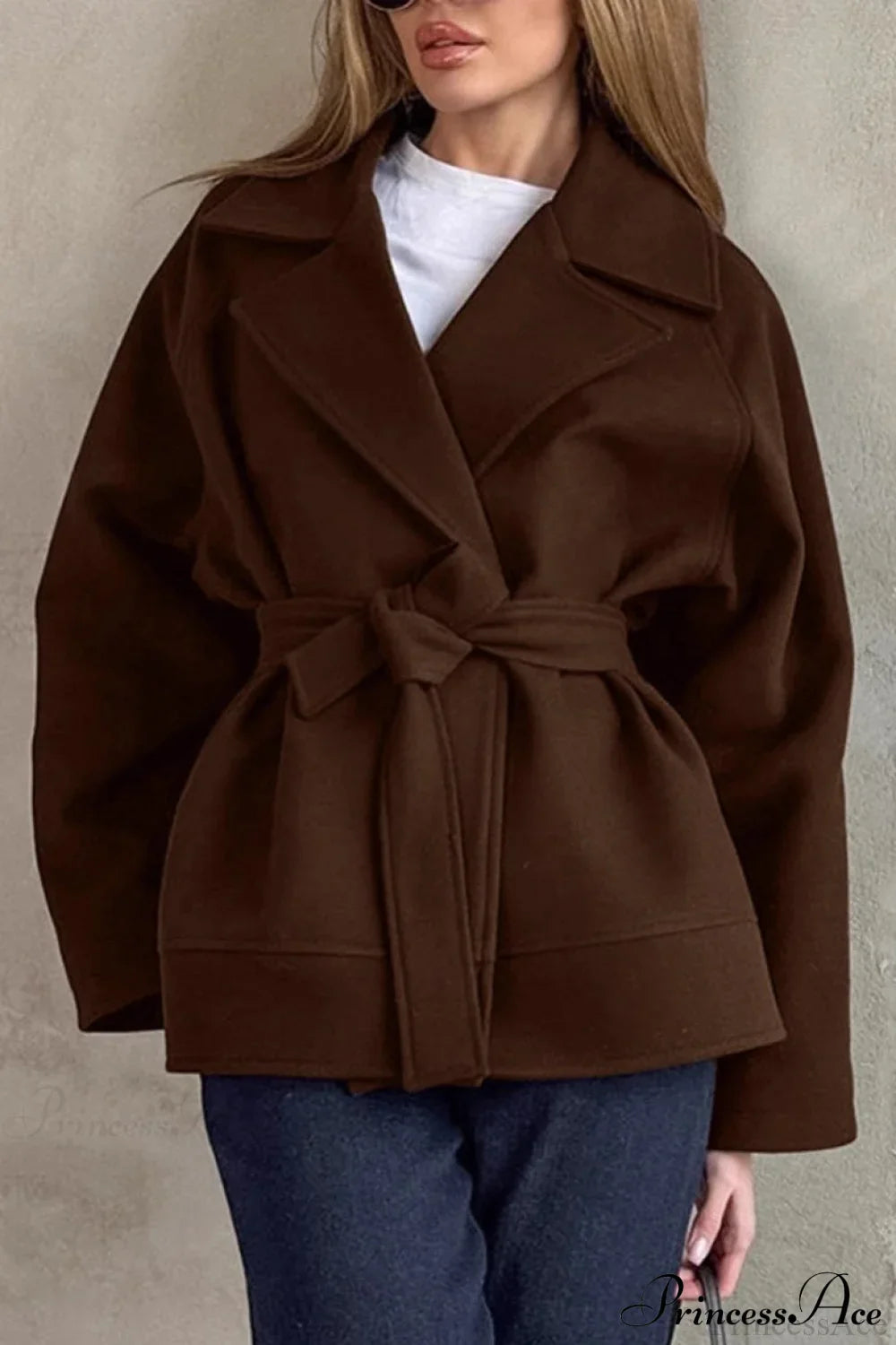 Brown Tie-Waist Wool Blend Loose Mid-Length Coat image 3