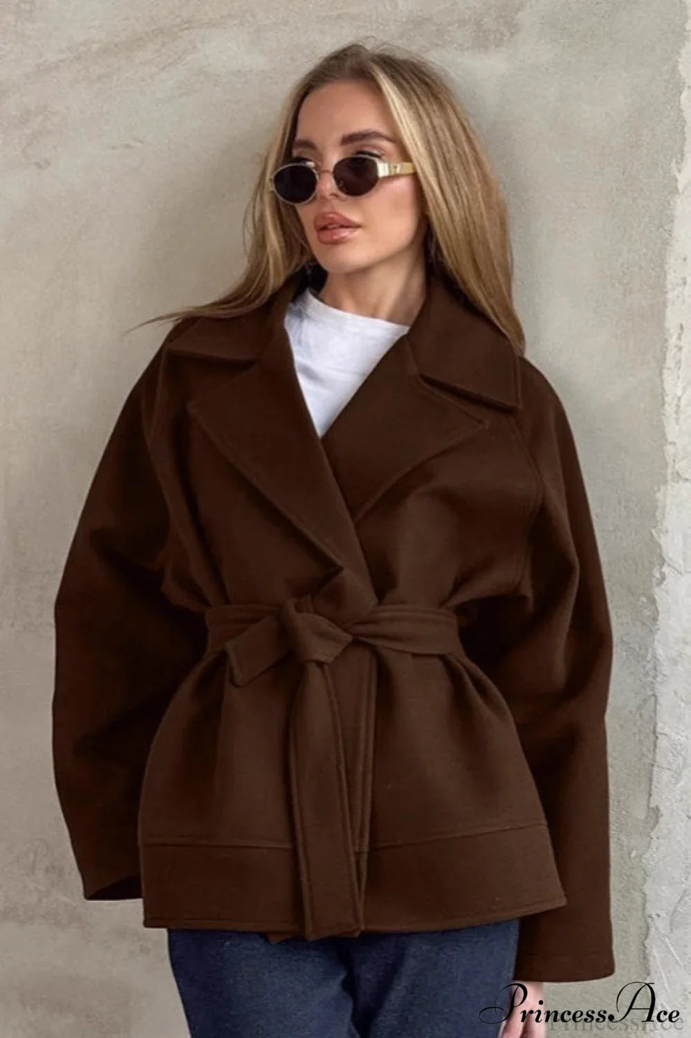 Brown Tie-Waist Wool Blend Loose Mid-Length Coat image 2