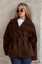 Brown Tie-Waist Wool Blend Loose Mid-Length Coat image 2