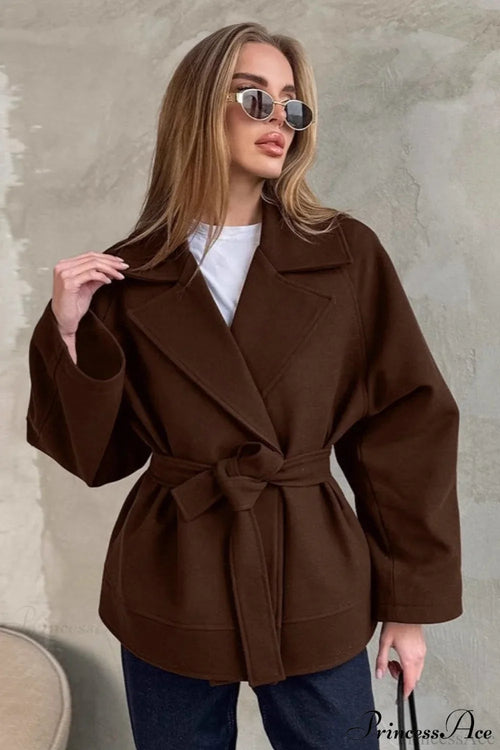 Brown Tie-Waist Wool Blend Loose Mid-Length Coat image 1