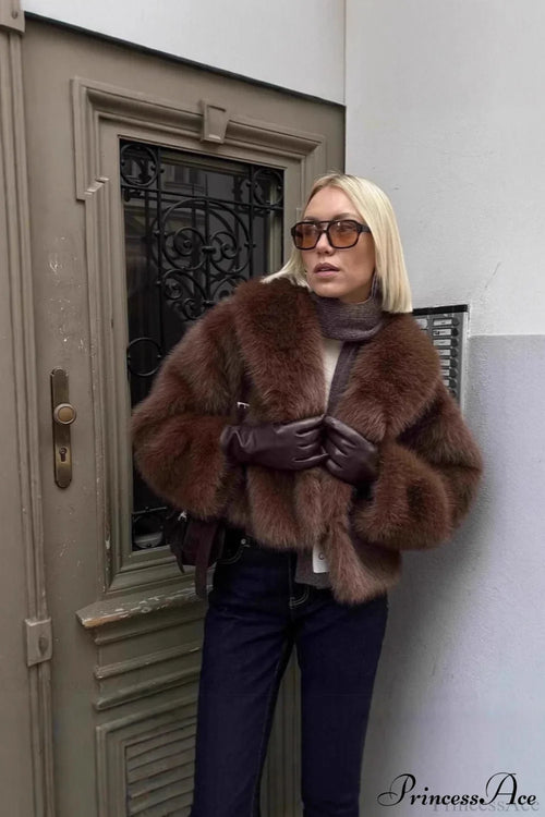 Brown Vintage Old Money Faux Fox Fur Short Coat image 1