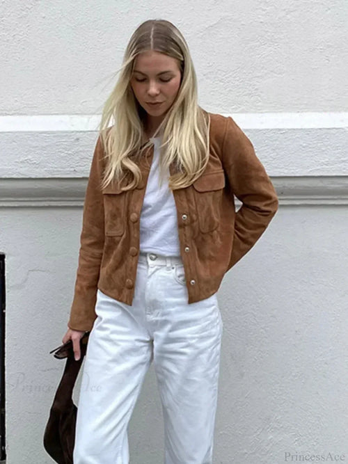 Brown Woolen Long Sleeve Short Coat image 2