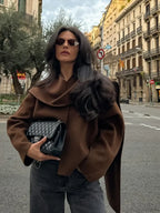 Brown Woolen Round Neck Scarf Coat image 3