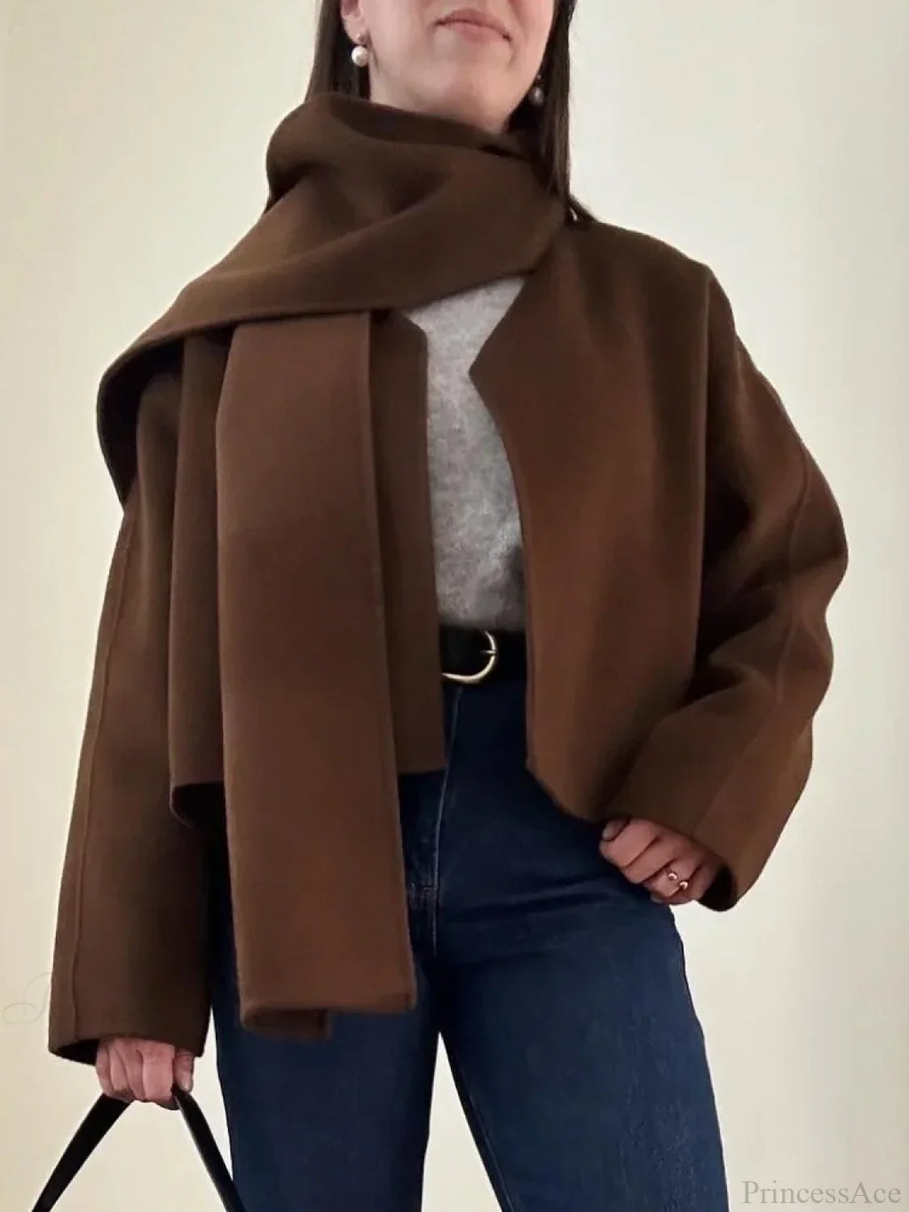 Brown Woolen Round Neck Scarf Coat image 1