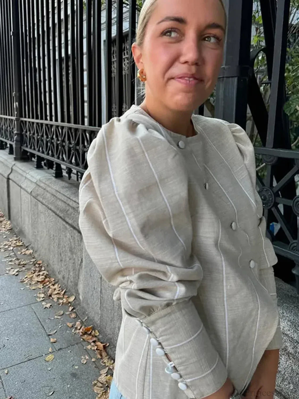 Bubble Sleeve Slanted Button Stripe Blouse image 4