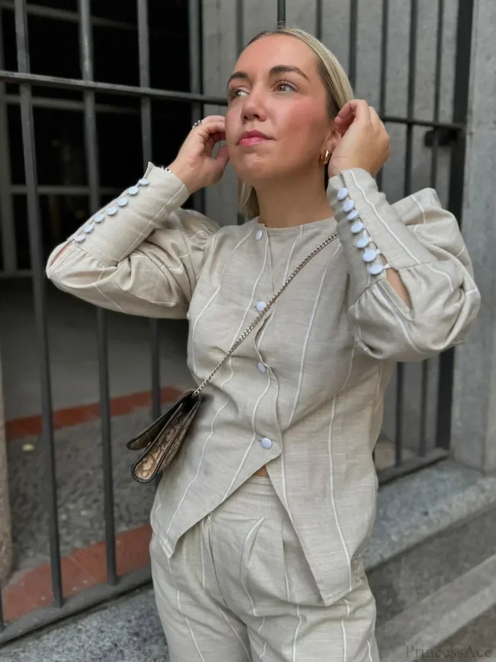 Bubble Sleeve Slanted Button Stripe Blouse image 1
