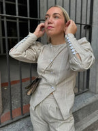Bubble Sleeve Slanted Button Stripe Blouse image 1