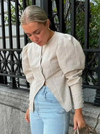Bubble Sleeve Slanted Button Stripe Blouse image 5