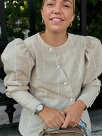 Bubble Sleeve Slanted Button Stripe Blouse image 6