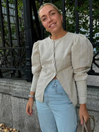 Bubble Sleeve Slanted Button Stripe Blouse image 3