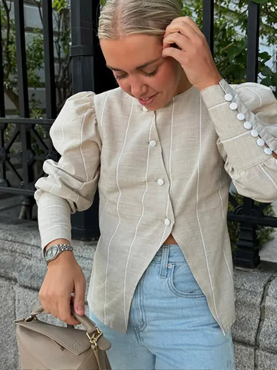 Bubble Sleeve Slanted Button Stripe Blouse image 7