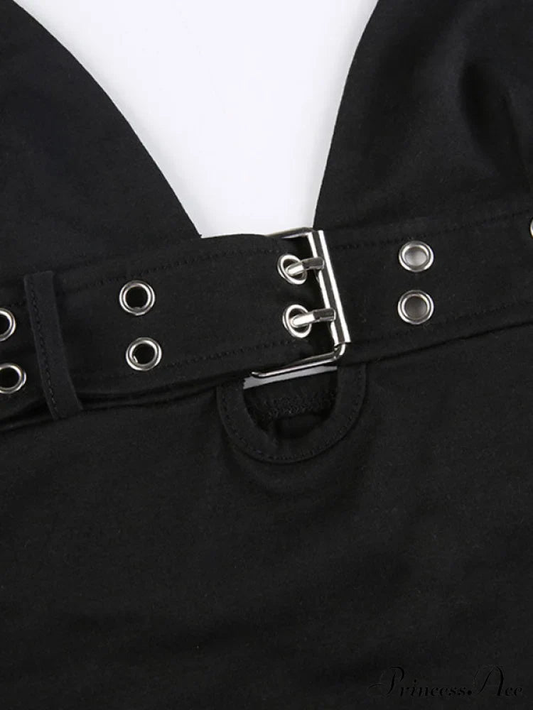 Buckle Strap Black Trendy Bodycon Crop Top image 3
