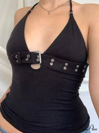 Buckle Strap Black Trendy Bodycon Crop Top image 2