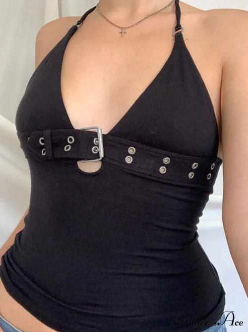 Buckle Strap Black Trendy Bodycon Crop Top image 2