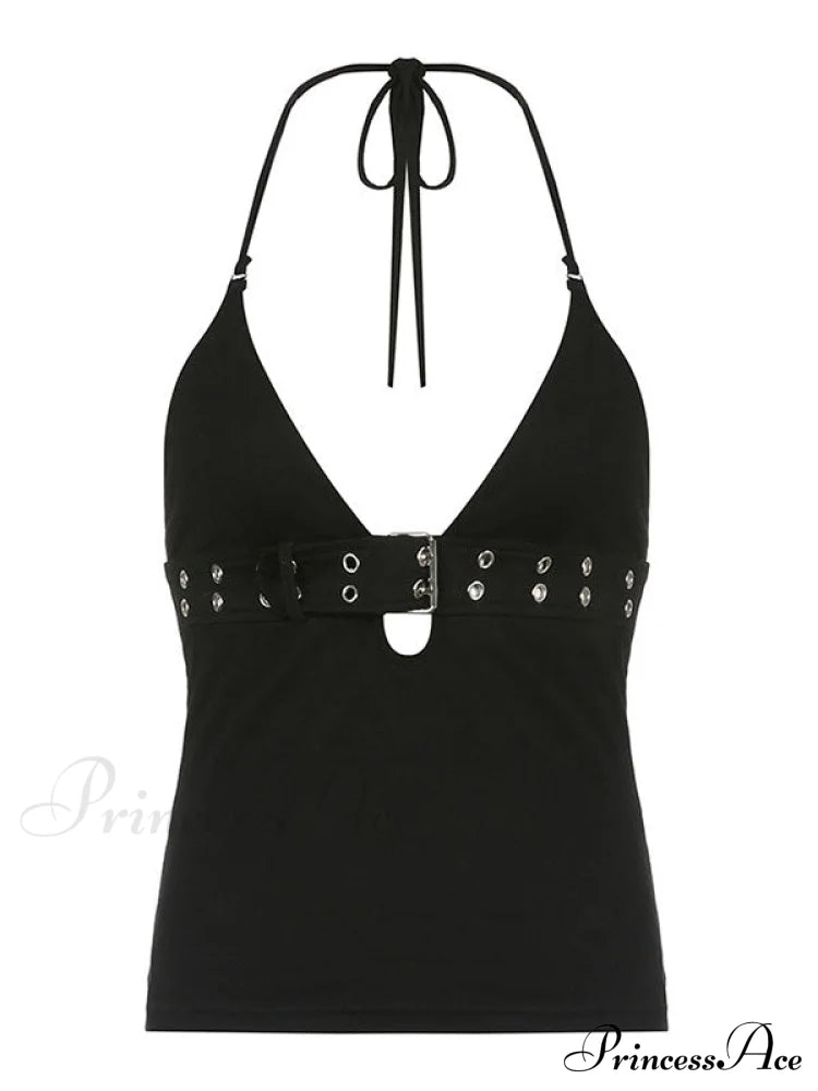 Buckle Strap Black Trendy Bodycon Crop Top image 8