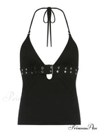Buckle Strap Black Trendy Bodycon Crop Top image 8