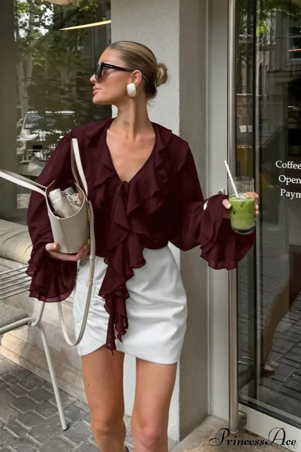 Burgundy Chiffon Ruffled V Neck Tie Blouse image 4