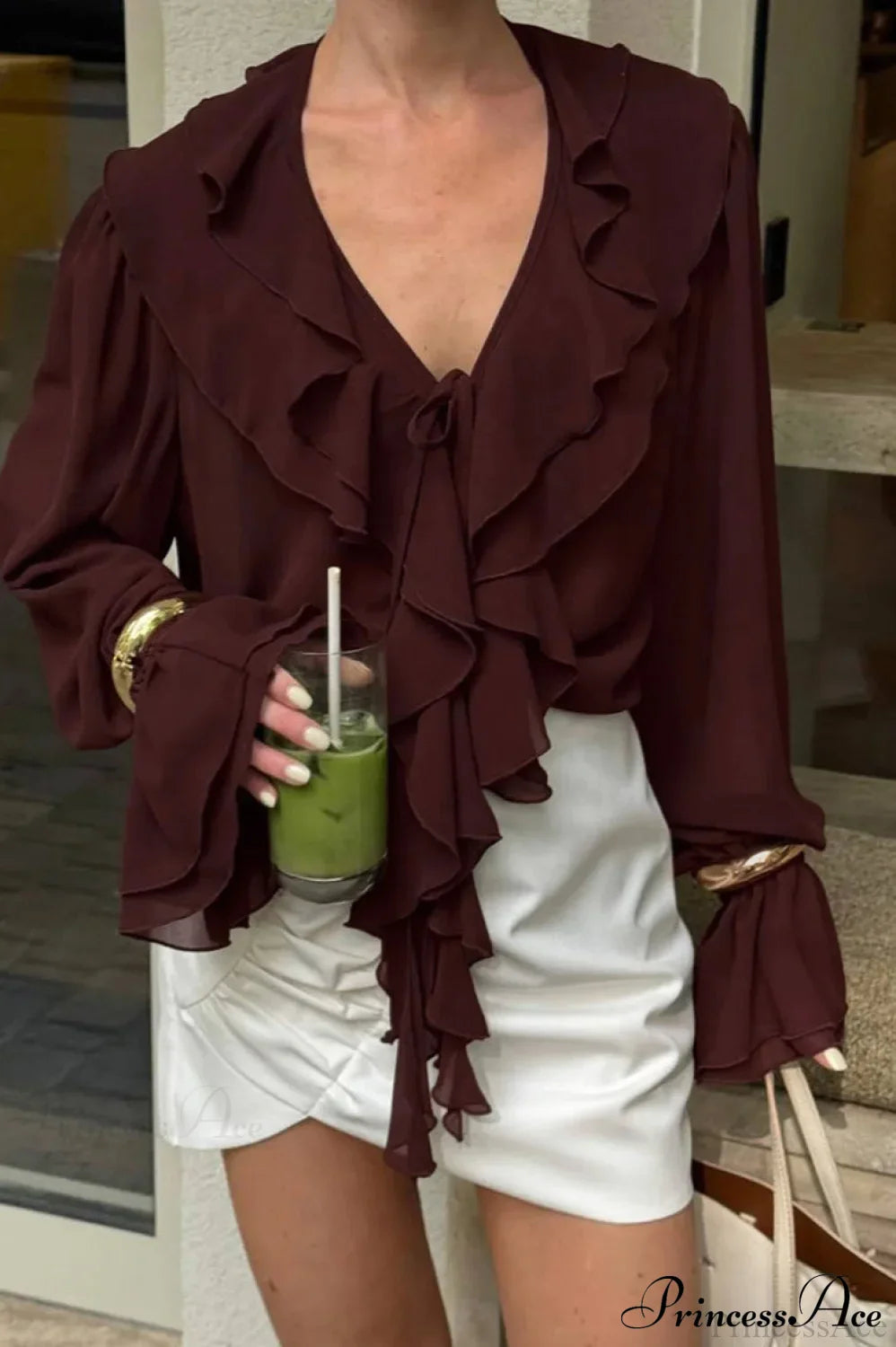 Burgundy Chiffon Ruffled V Neck Tie Blouse image 3