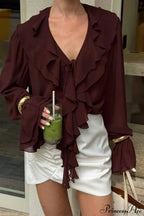Burgundy Chiffon Ruffled V Neck Tie Blouse image 3