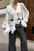 Burgundy Chiffon Ruffled V Neck Tie Blouse image 1