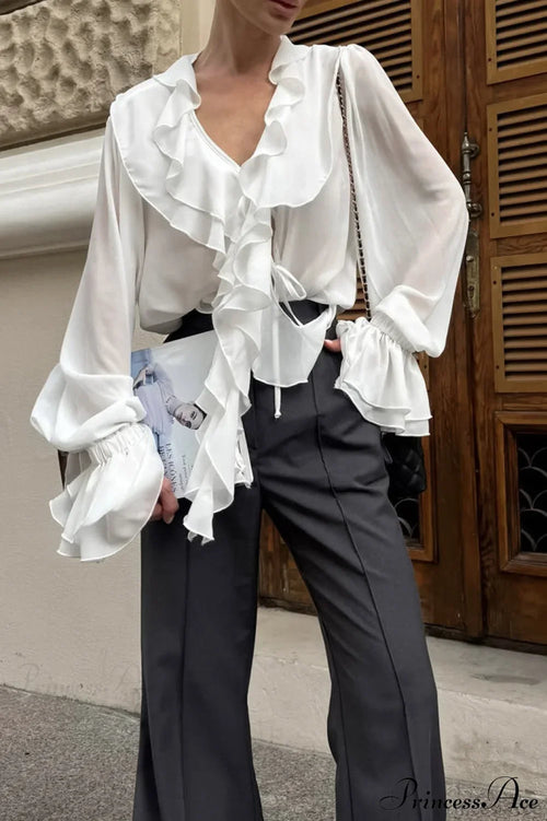 Burgundy Chiffon Ruffled V Neck Tie Blouse image 1
