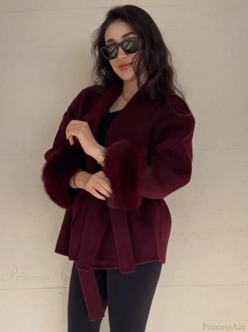 Burgundy Cuffed Woolen Coat image 1