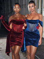 Burgundy Draping Off Shoulder Corset Sexy Velvet Slim Bodycon Mini Party Dress image 2