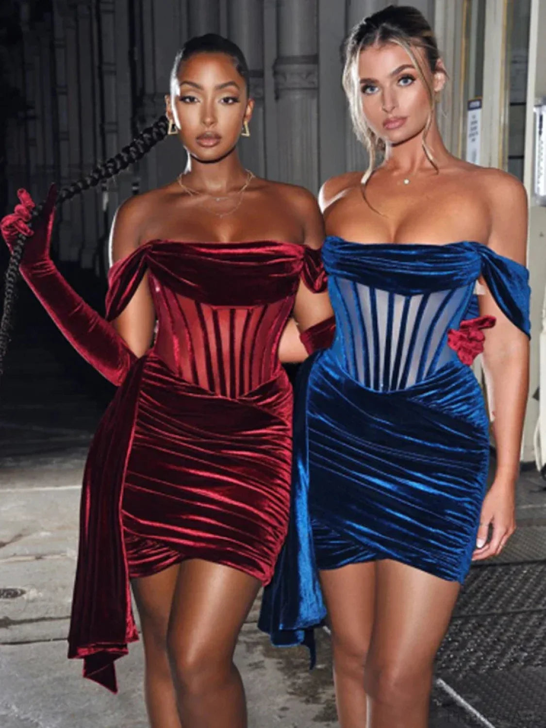 Burgundy Draping Off Shoulder Corset Sexy Velvet Slim Bodycon Mini Party Dress image 2