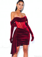 Burgundy Draping Off Shoulder Corset Sexy Velvet Slim Bodycon Mini Party Dress image 10