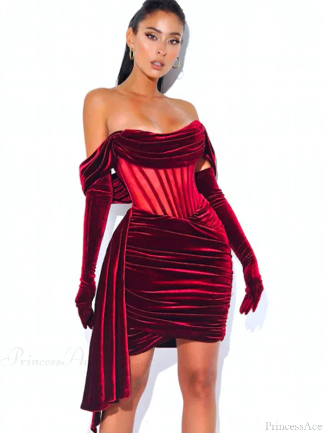 Burgundy Draping Off Shoulder Corset Sexy Velvet Slim Bodycon Mini Party Dress image 10
