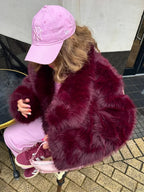 Burgundy Fluffy Lapel Short Coat image 4